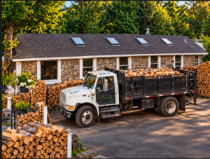 Firewood Truck Beside Stone Home Firewood Truck Beside Stone Home